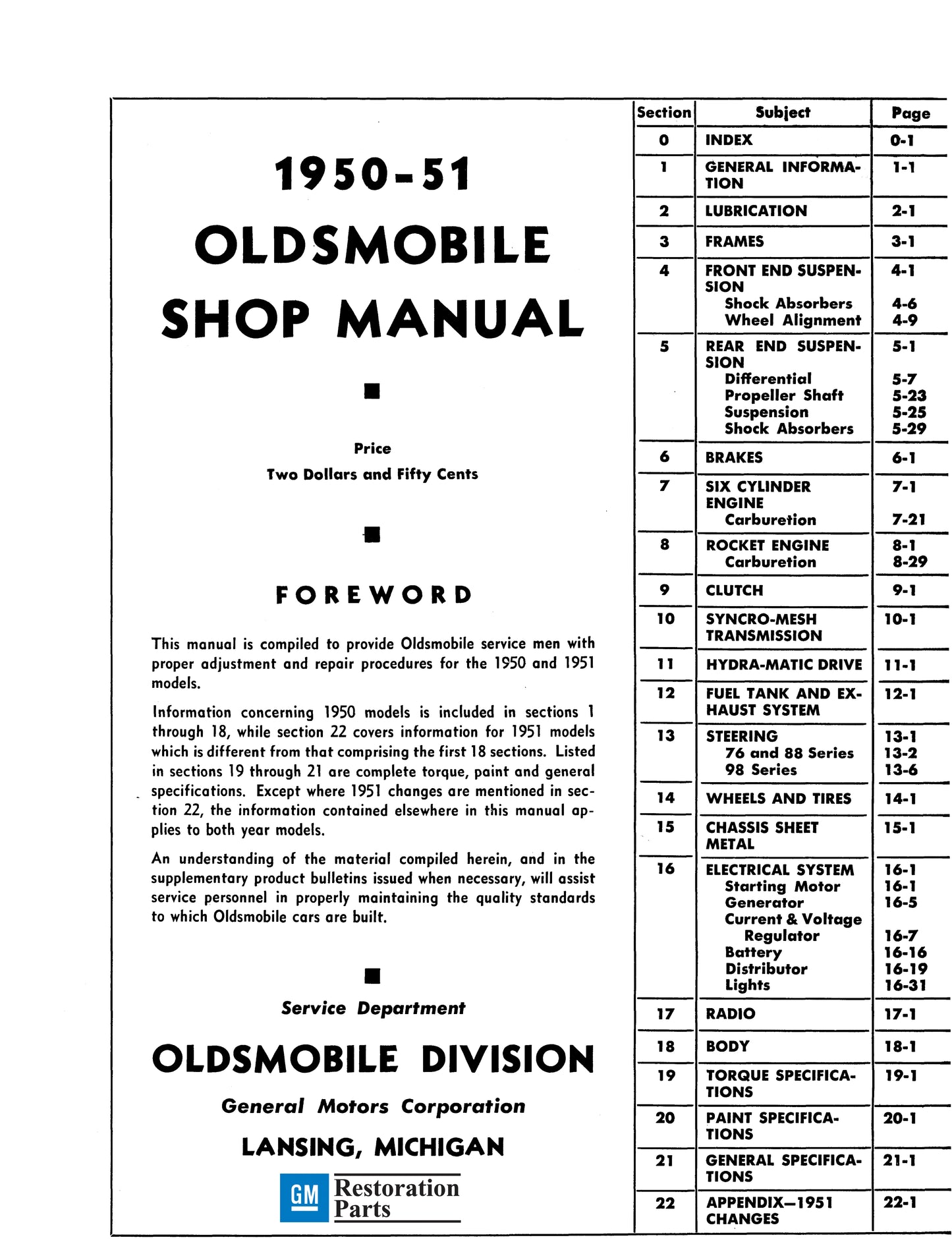 1950-1951 Oldsmobile Shop Manual - All Models