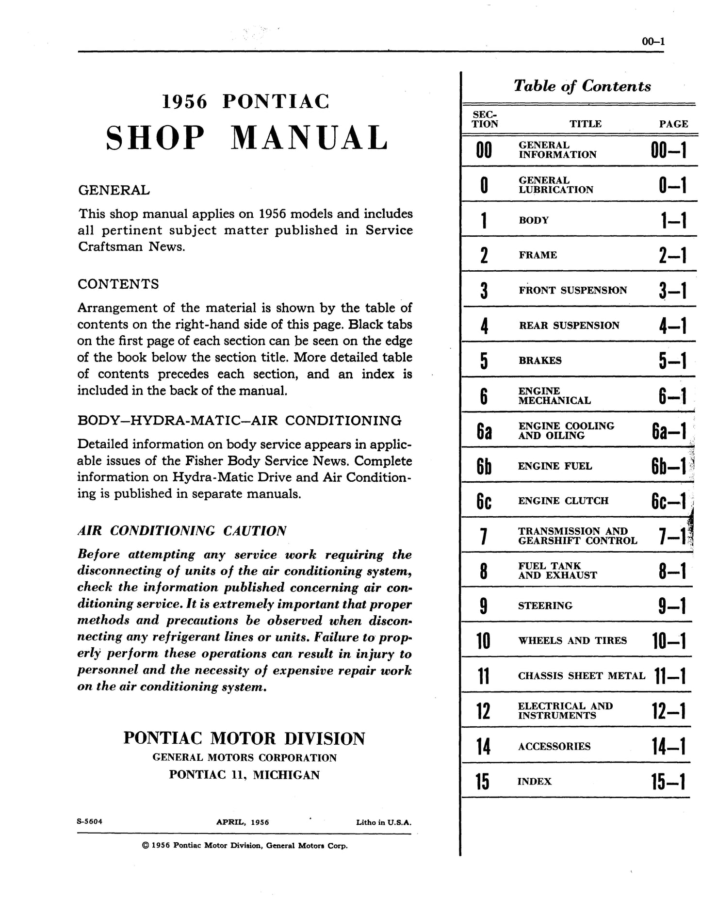 1956 Pontiac Shop Manual With Body, Hydra-Matic, Heat, & A/C