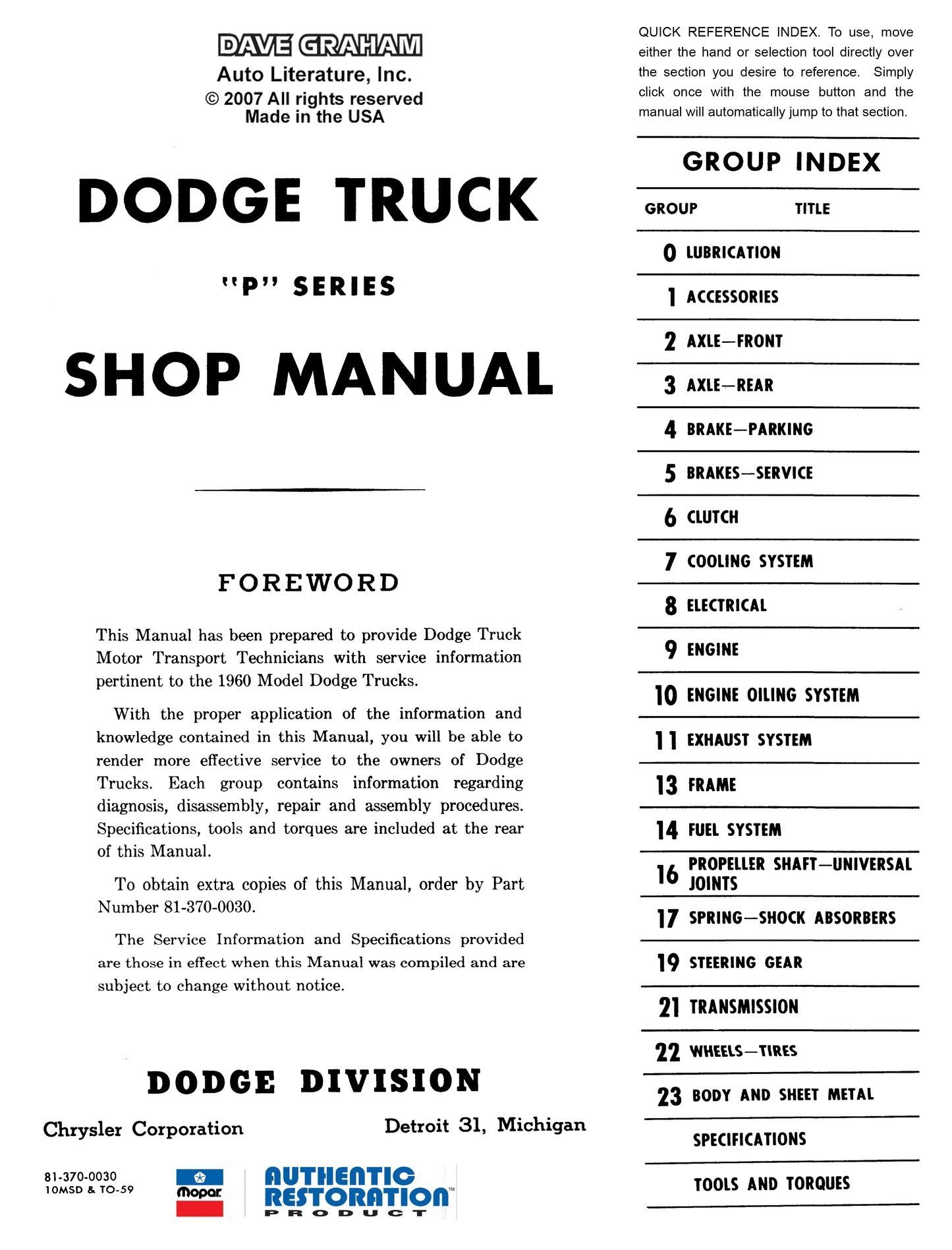 1960-1961 Dodge Truck Shop Manual - All Models