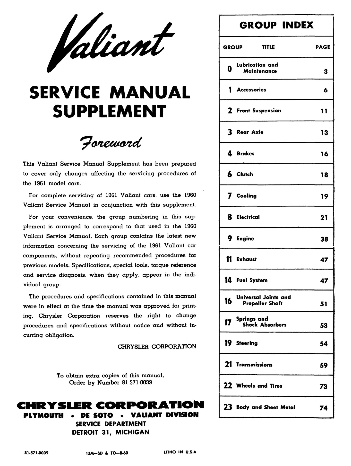 1960-1961 Plymouth Shop Manual