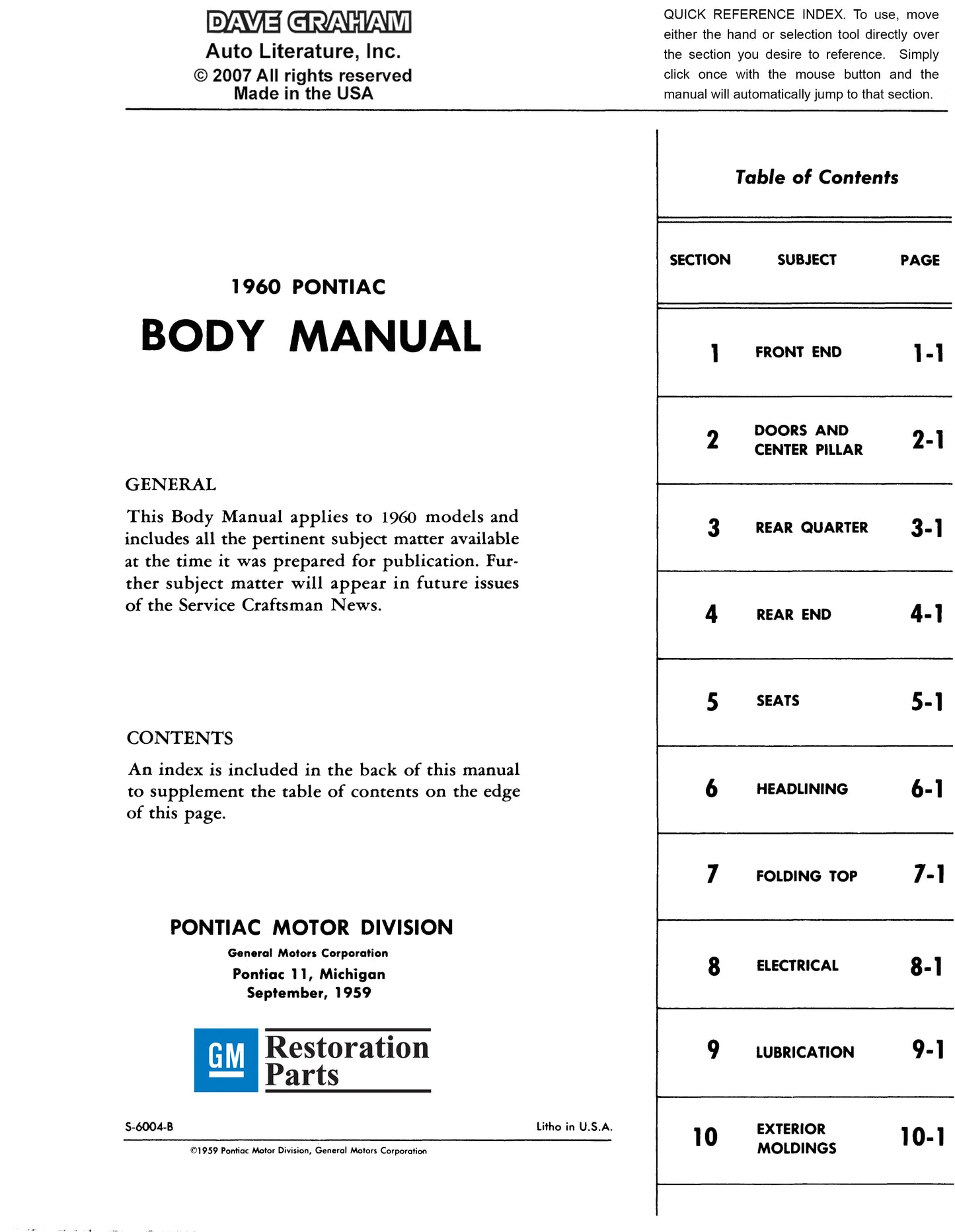 1960 Pontiac Shop Manual With Body, Hydra-Matic, & A/C Manual