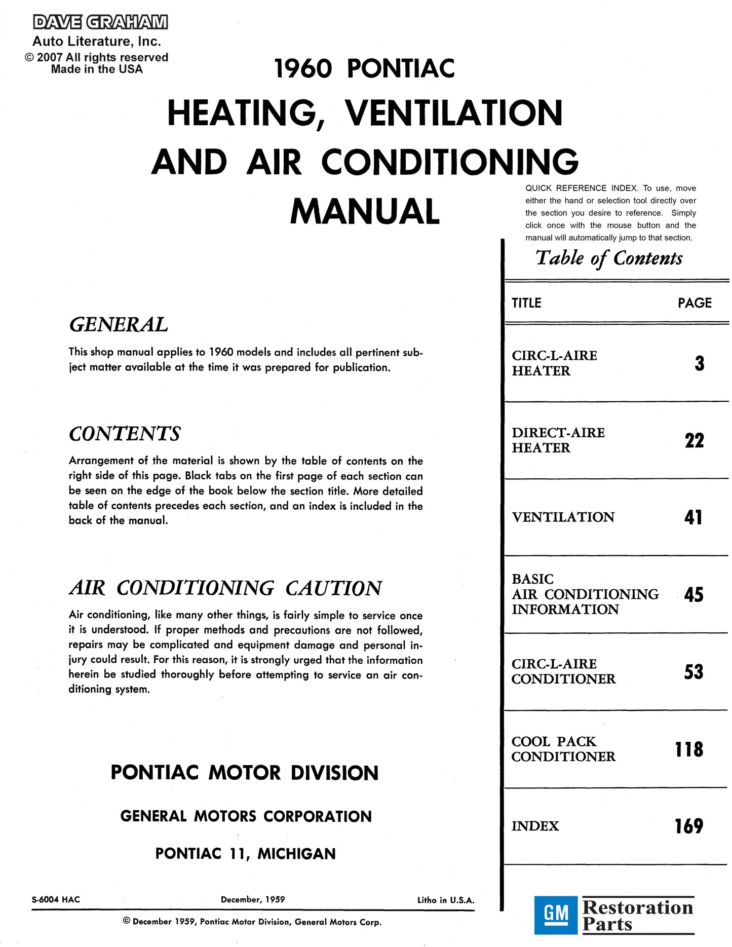 1960 Pontiac Shop Manual With Body, Hydra-Matic, & A/C Manual