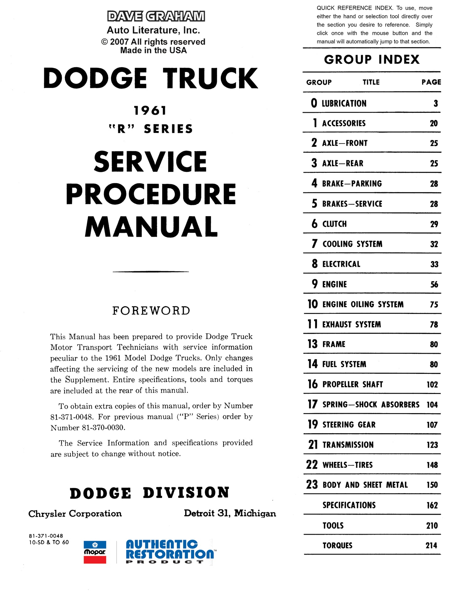 1960-1961 Dodge Truck Shop Manual - All Models
