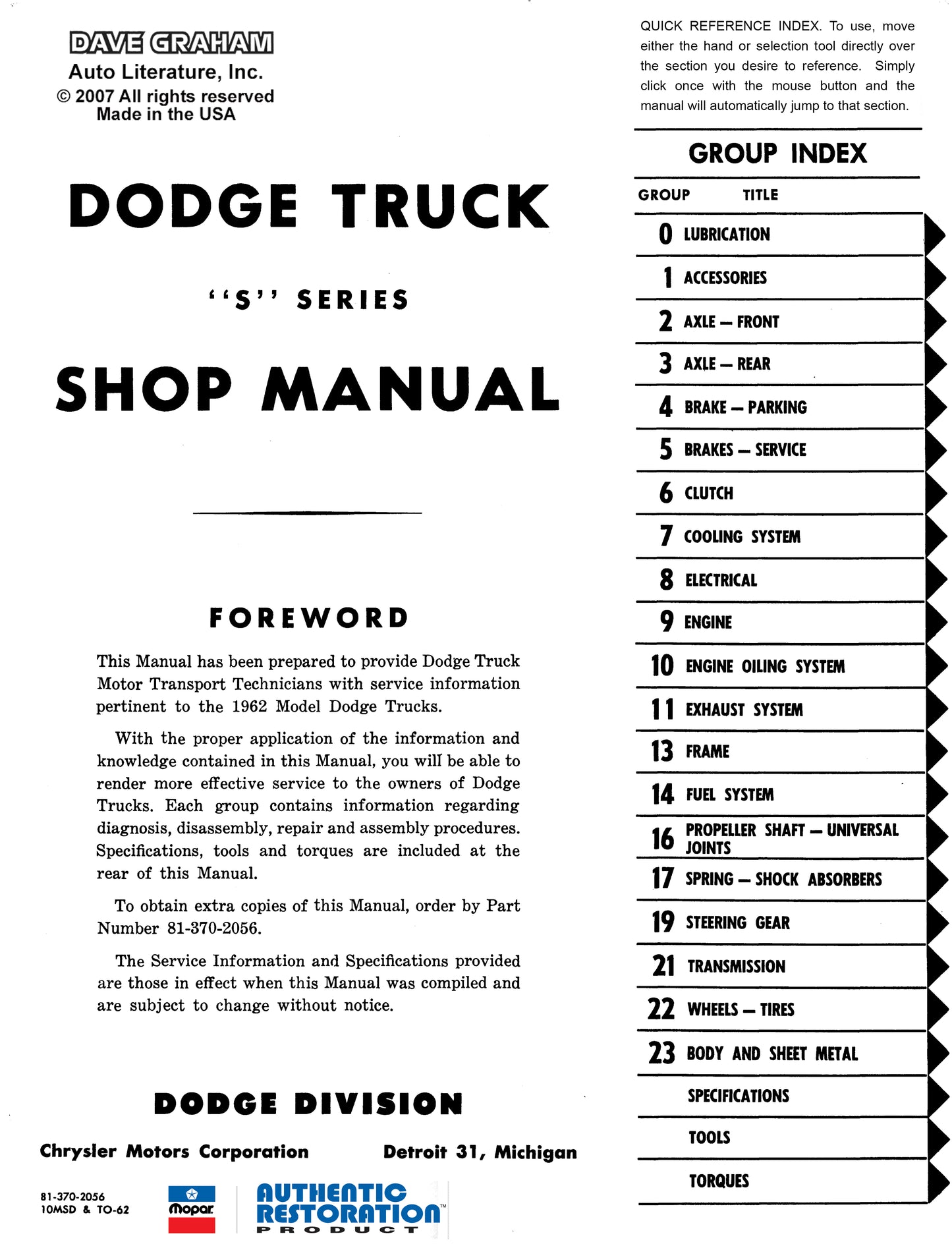 1962 Dodge Pickup & Truck Shop Manual - All Models