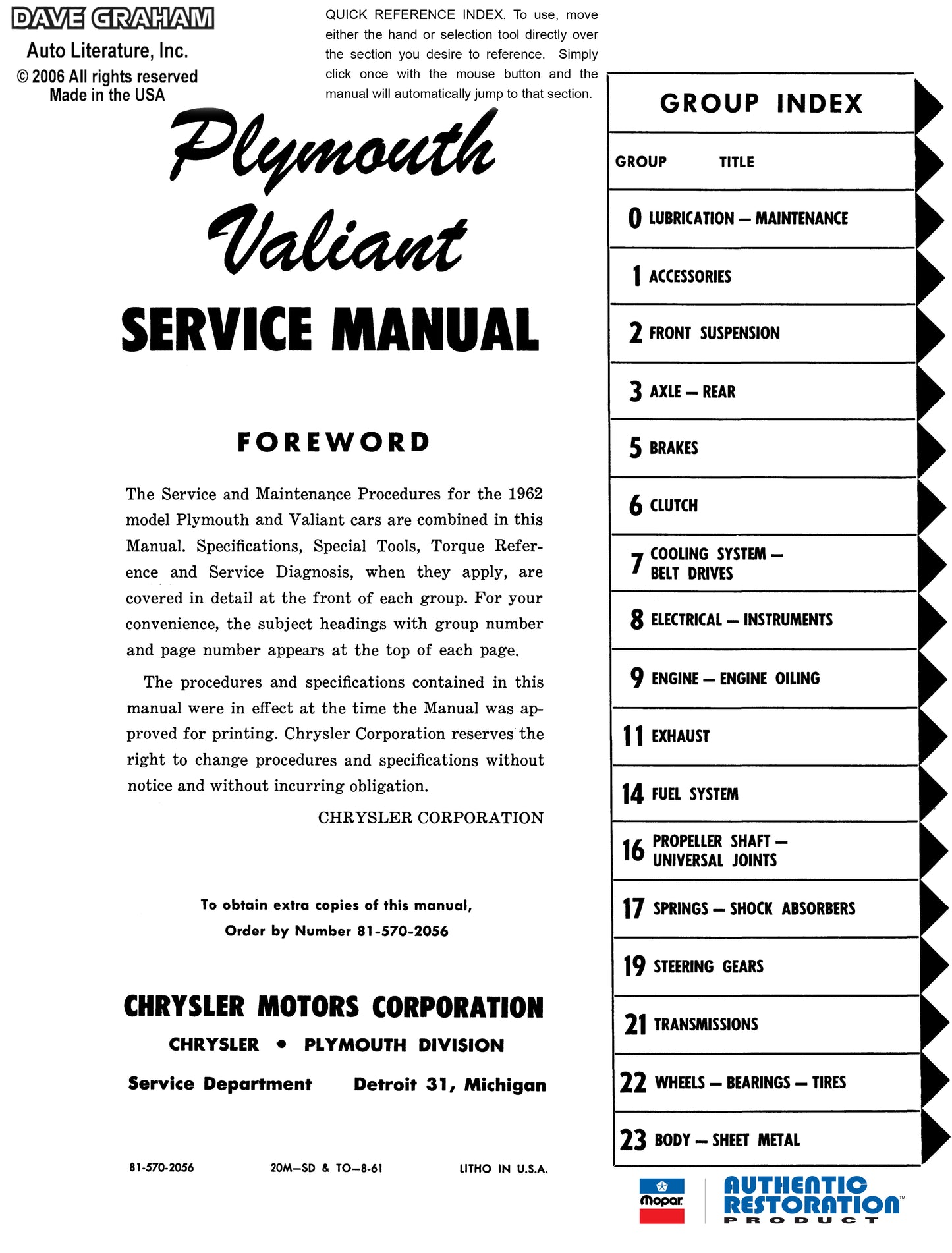 1962 Plymouth - Shop Manual
