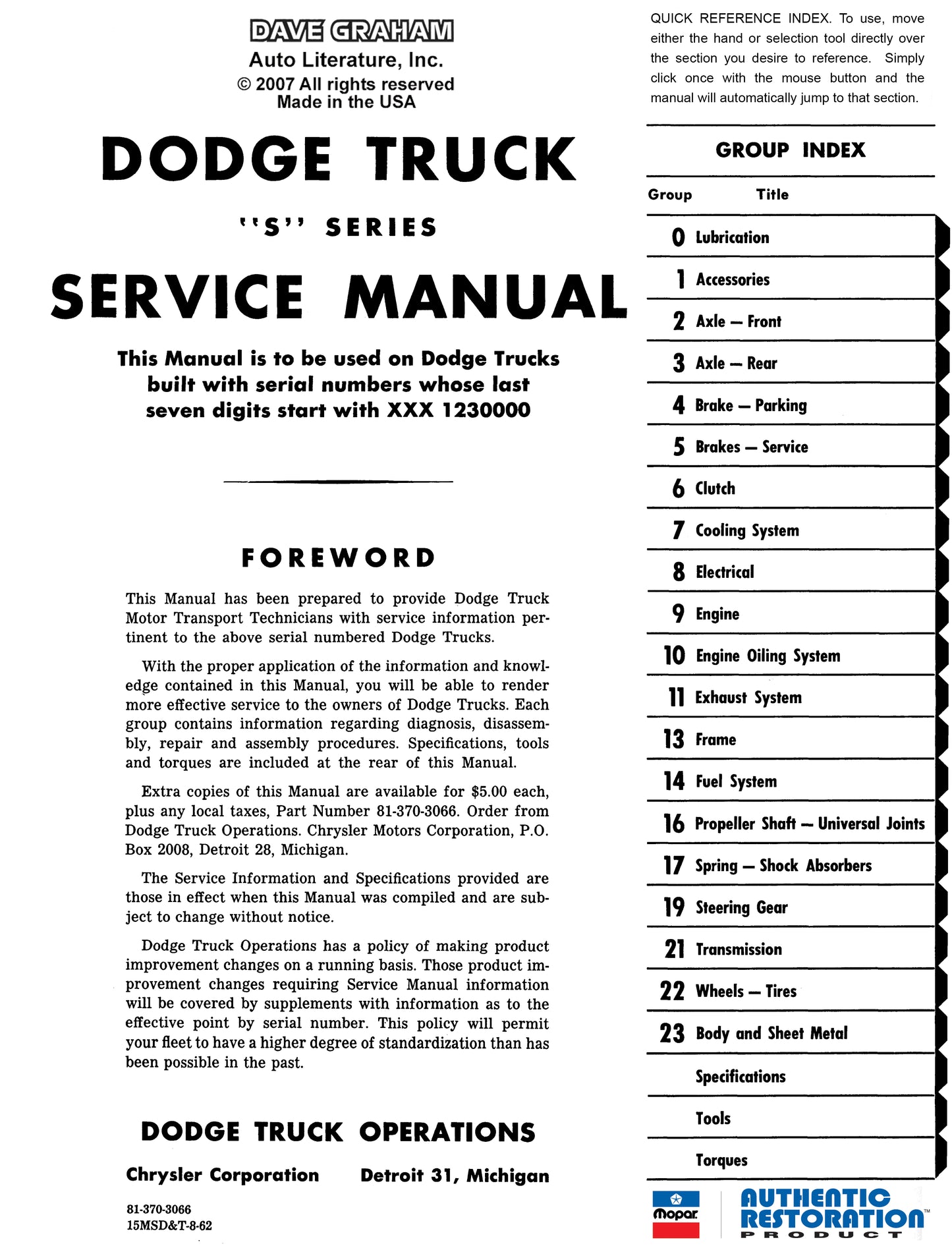 1963 Dodge Truck Shop Manual - All Models