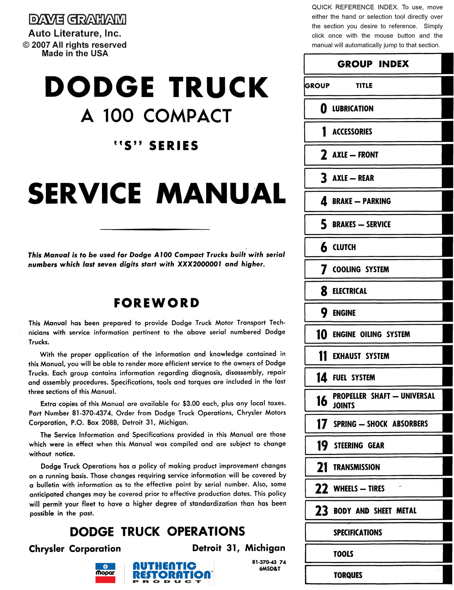 1964 Dodge Truck & 1964-1965 Van Shop Manual - All Models