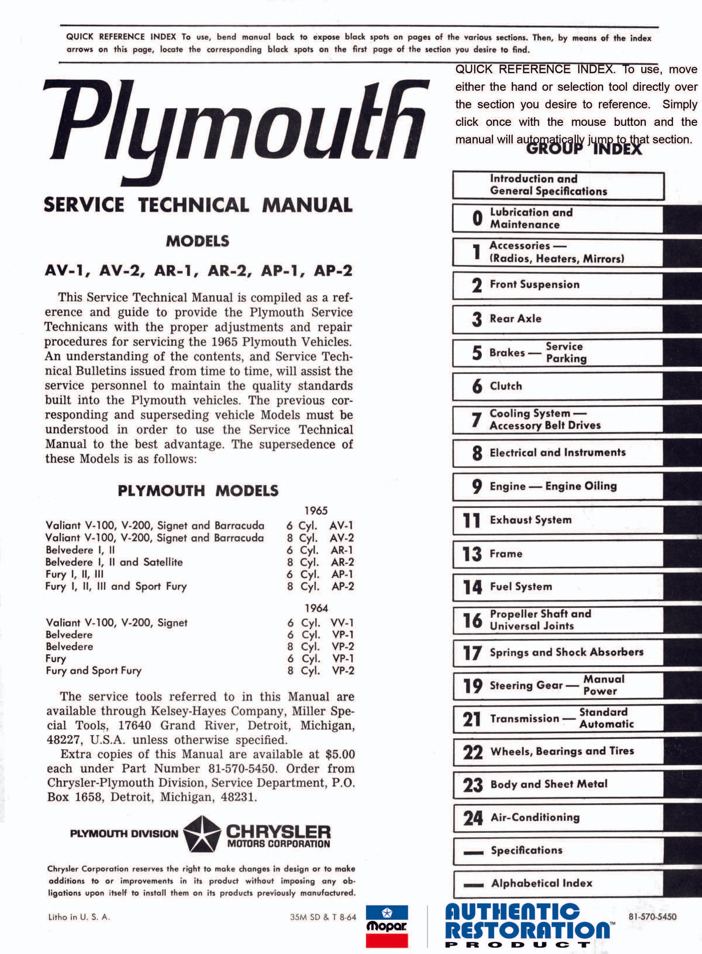 1965 Plymouth - Shop Manual