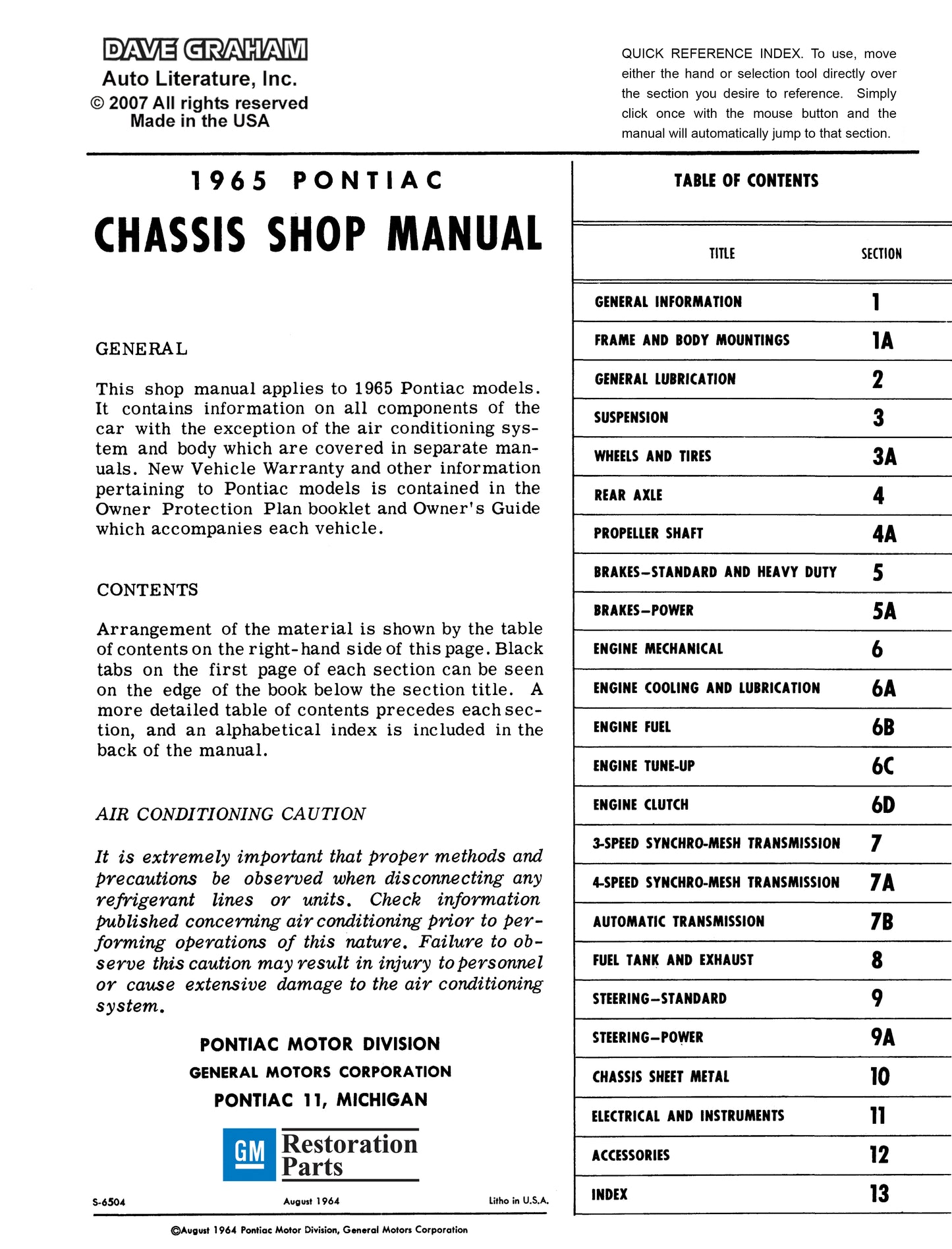 1965 Pontiac Shop Manual With Body & Air Conditioning Manuals