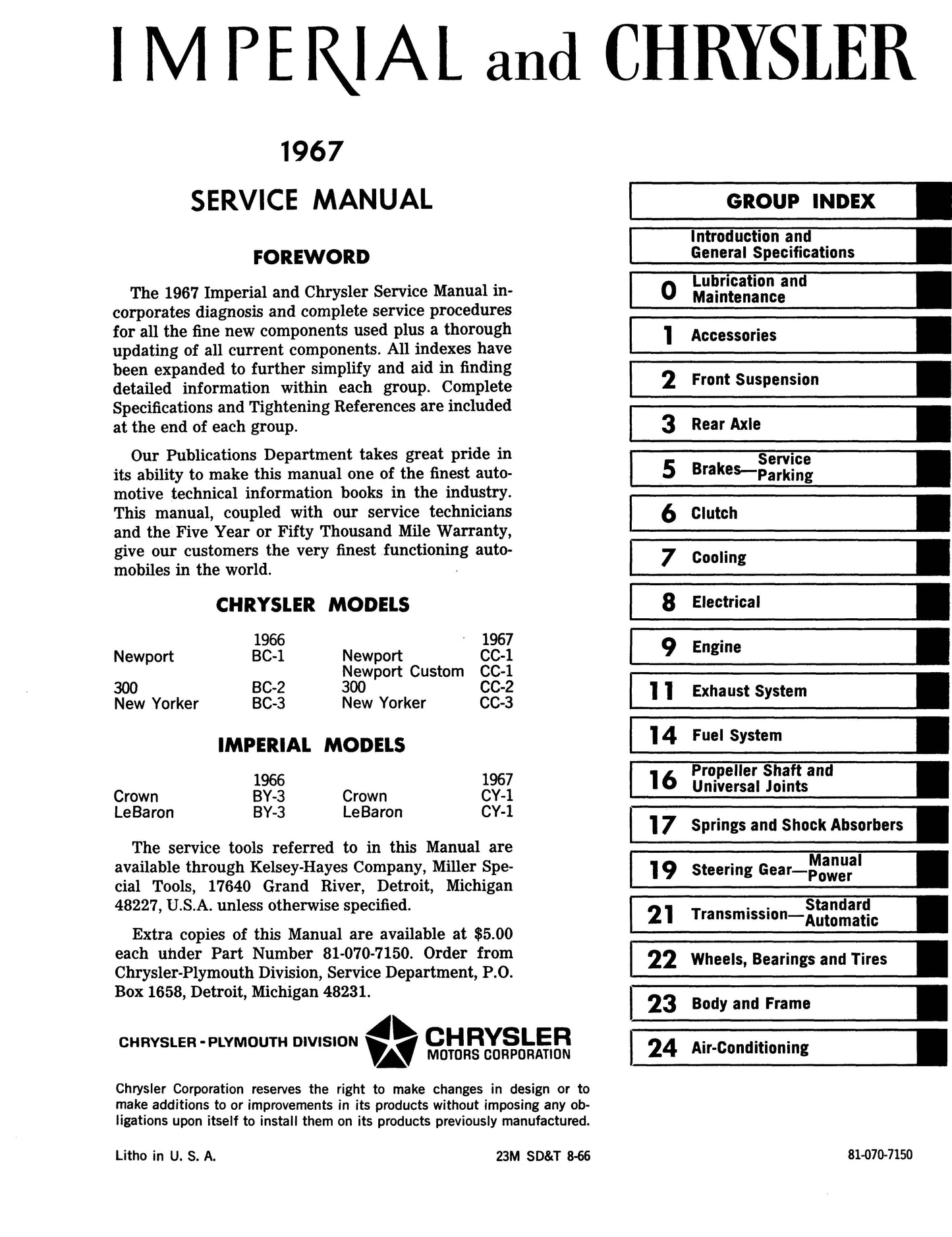 1967 Chrysler And Imperial Shop Manual All Models