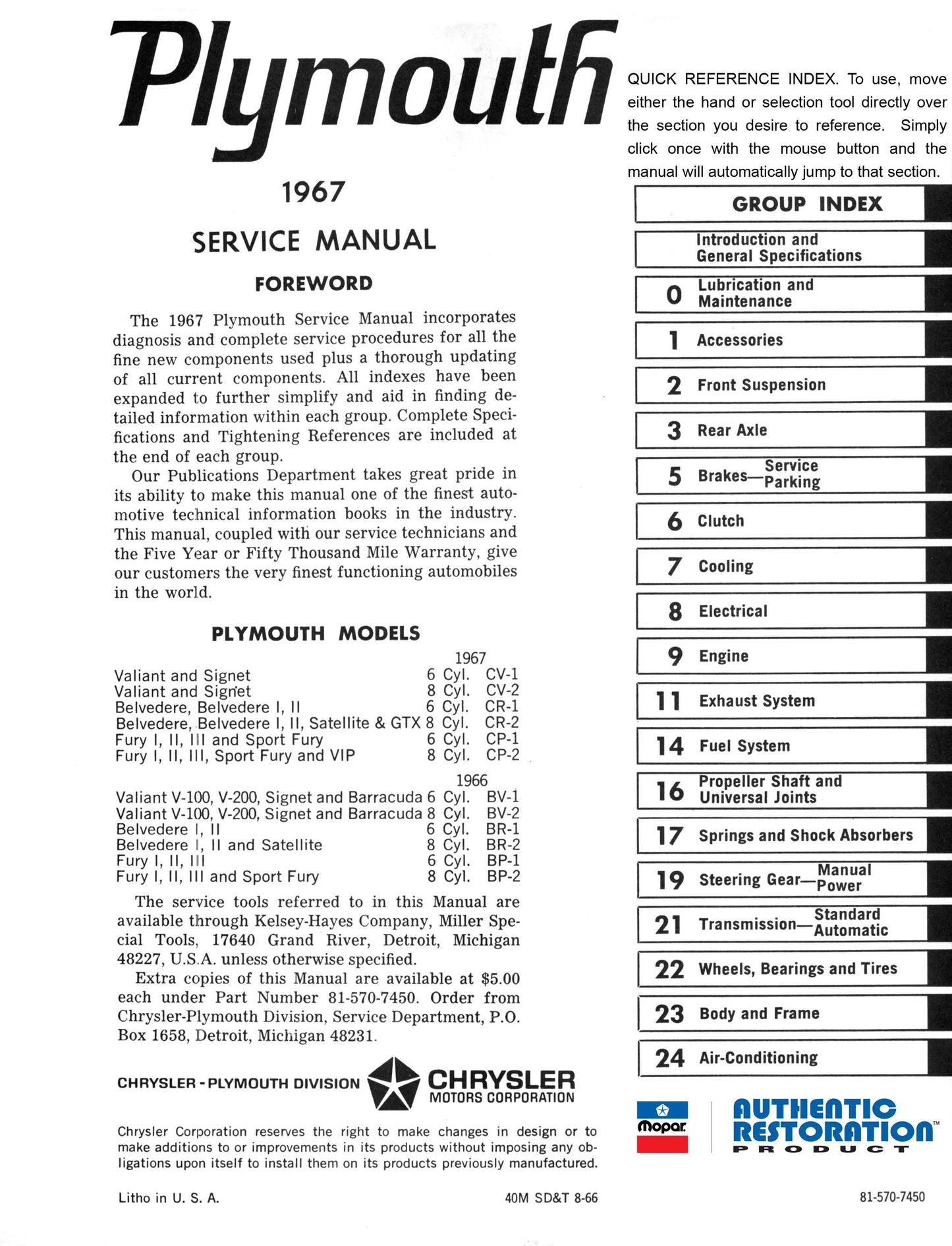 1967 Plymouth Shop Manual