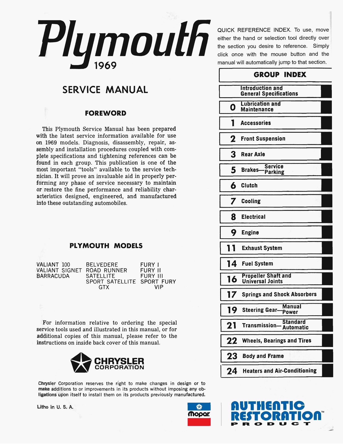 1969 Plymouth - Shop Manual