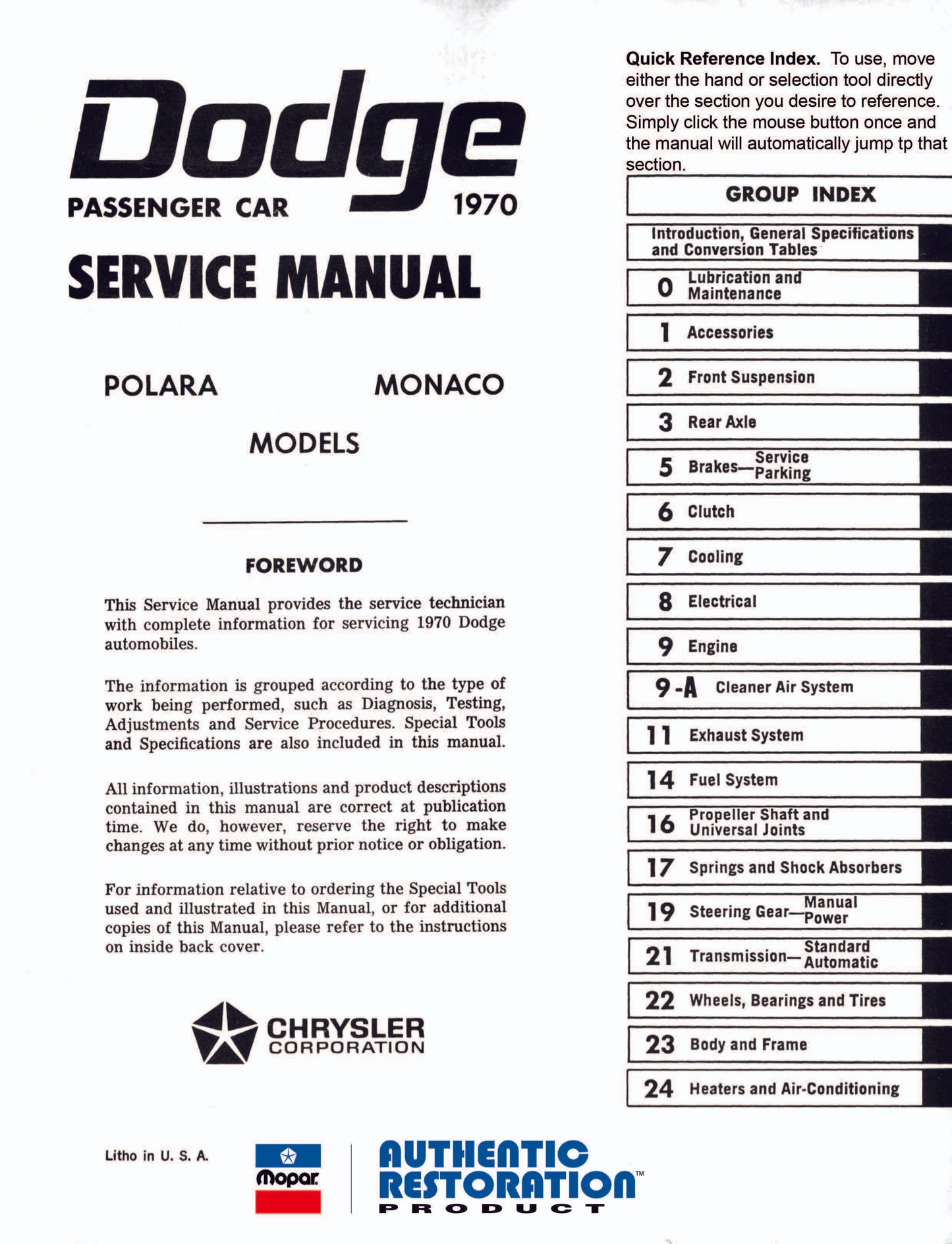 1970 Dodge Service Manuals Challenger, Dart, Polara, Monaco