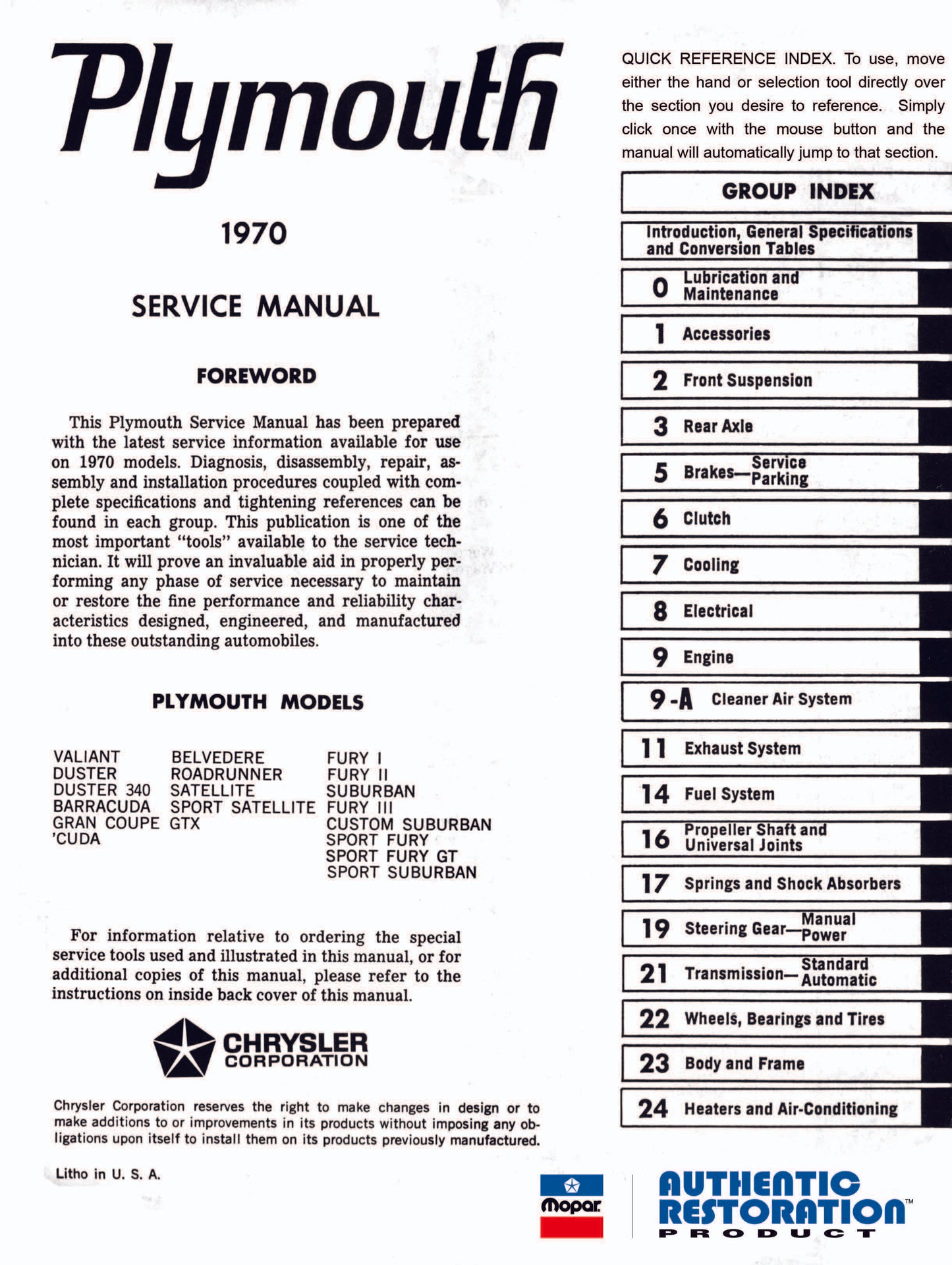 1970 Plymouth Shop Manual For - All Models