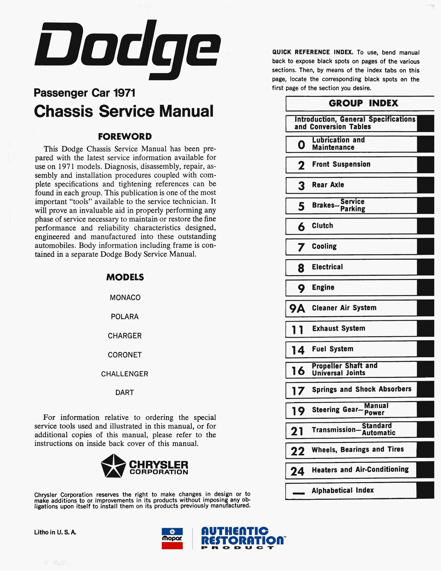 1971 Dodge Car Service Manuals - All Models