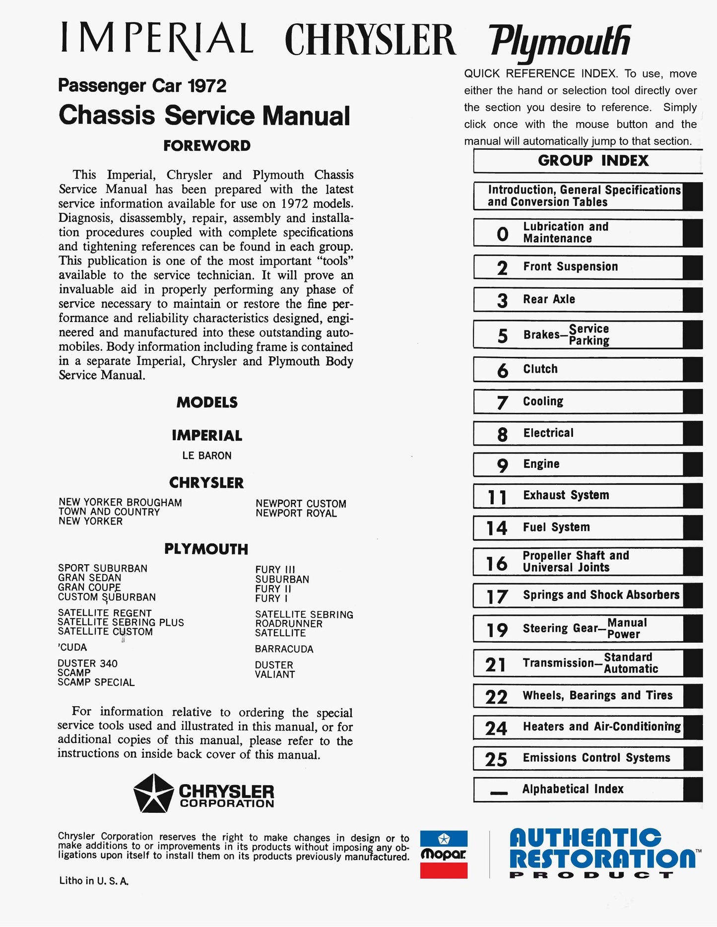 1972 Chrysler & Plymouth Shop Manual- All Models