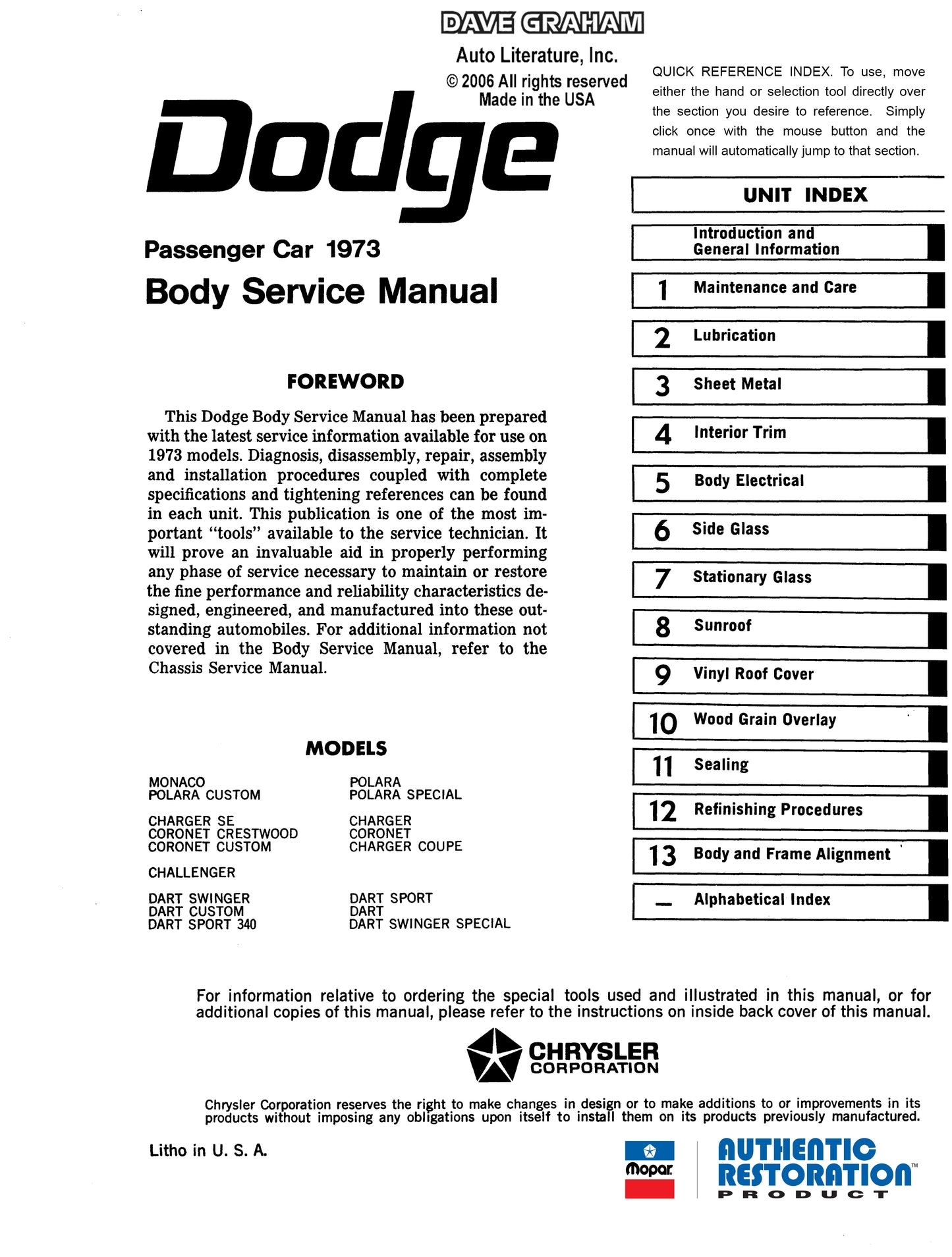 1973 Dodge Service Shop Manuals - All Models