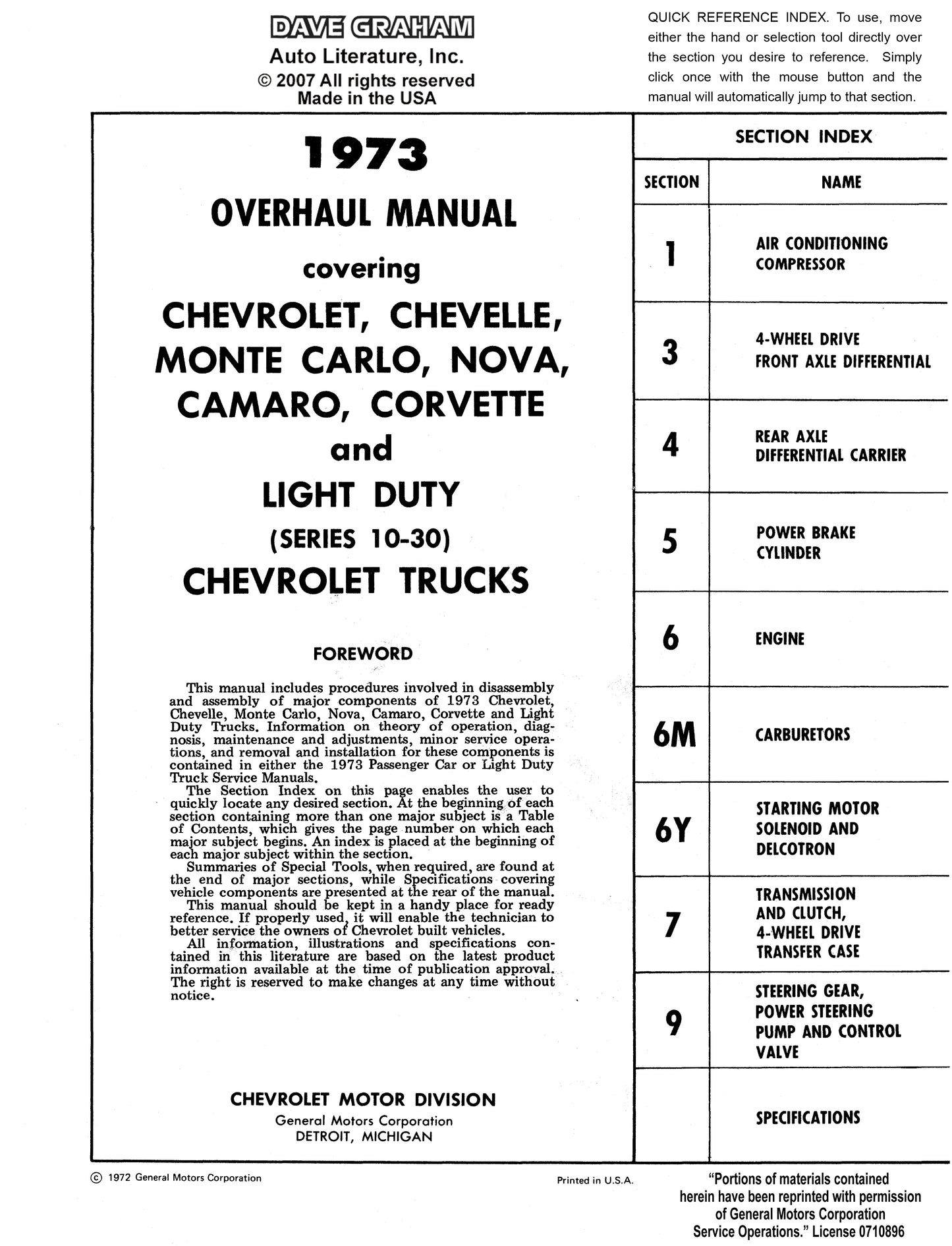 1973 Chevy Shop, Overhaul, & Body Manuals - All Models
