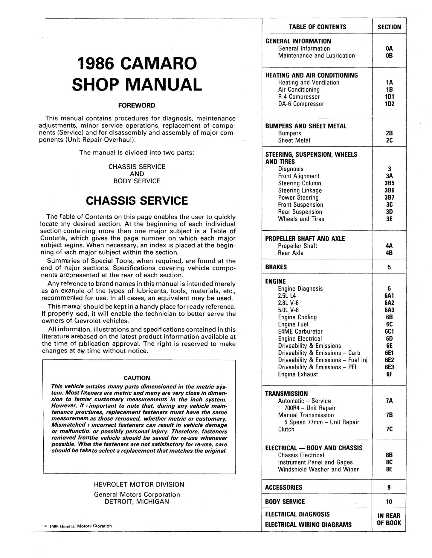 1986-1987 Chevrolet Camaro Shop Manuals