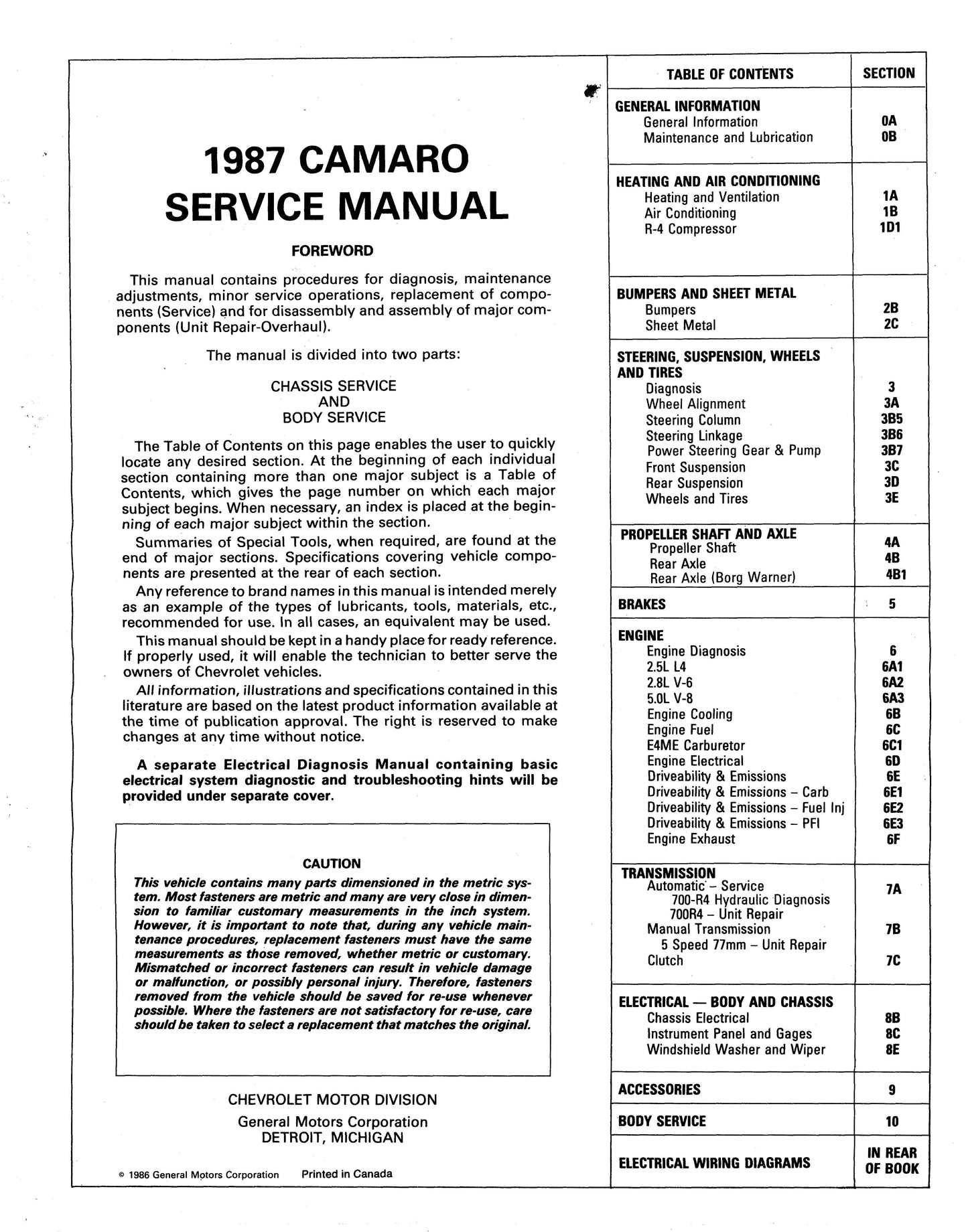 1986-1987 Chevrolet Camaro Shop Manuals