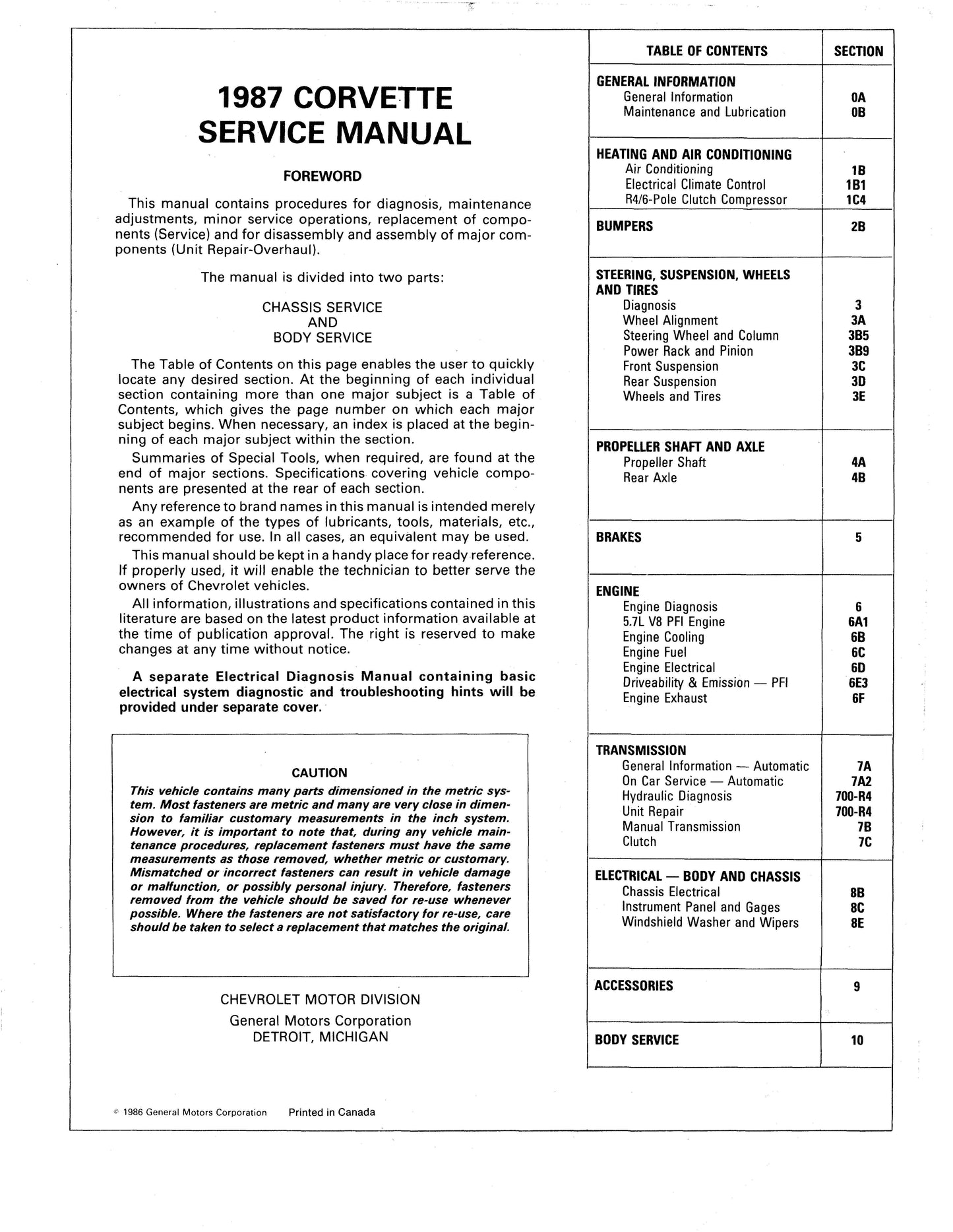 1986-1987 Corvette Shop Manual