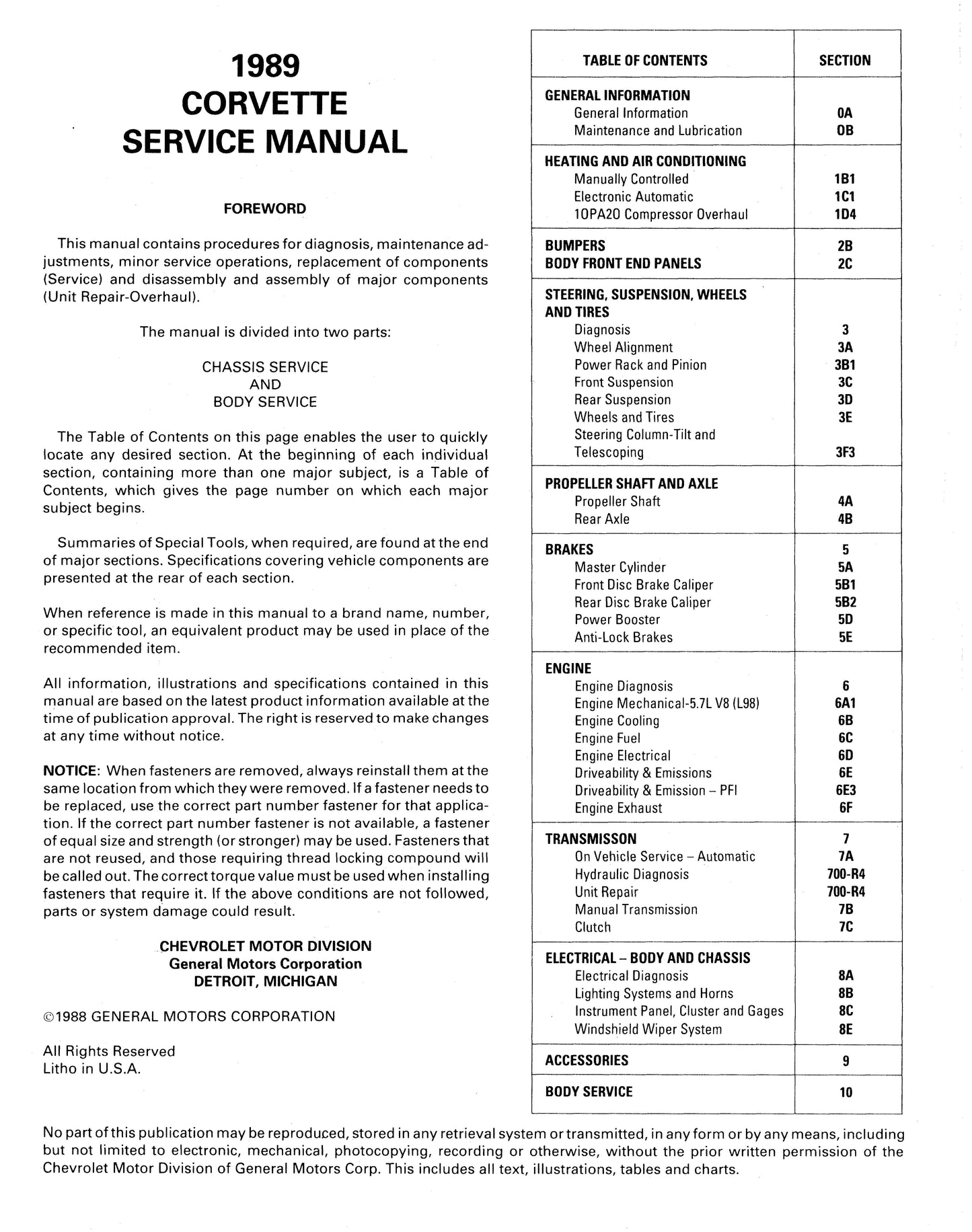 1988-1990 Chevrolet Corvette Shop Manuals
